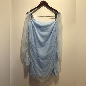 Elegant Embellished Light Blue Dress with Sheer Sleeves